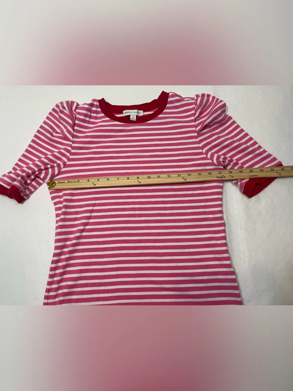 Rebecca Minkoff Pink White Striped Puff Sleeve Ribbed Knit Top Size Large